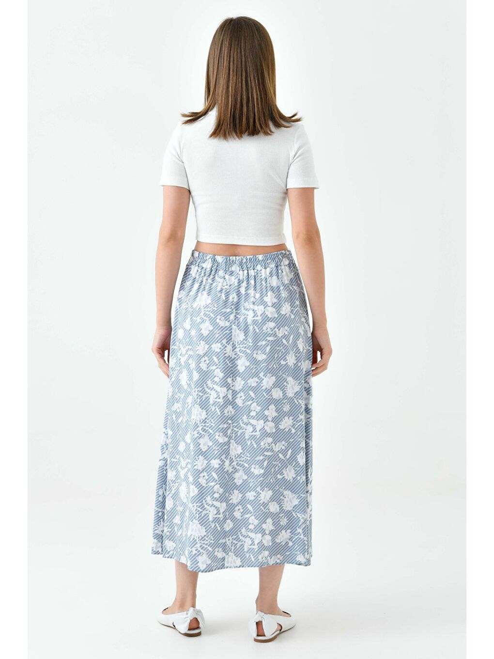 Mavi Kadın A Kesim Beli Lastikli Desenli Yırtmaçlı Midi Dokuma Etek - Viskon-4
