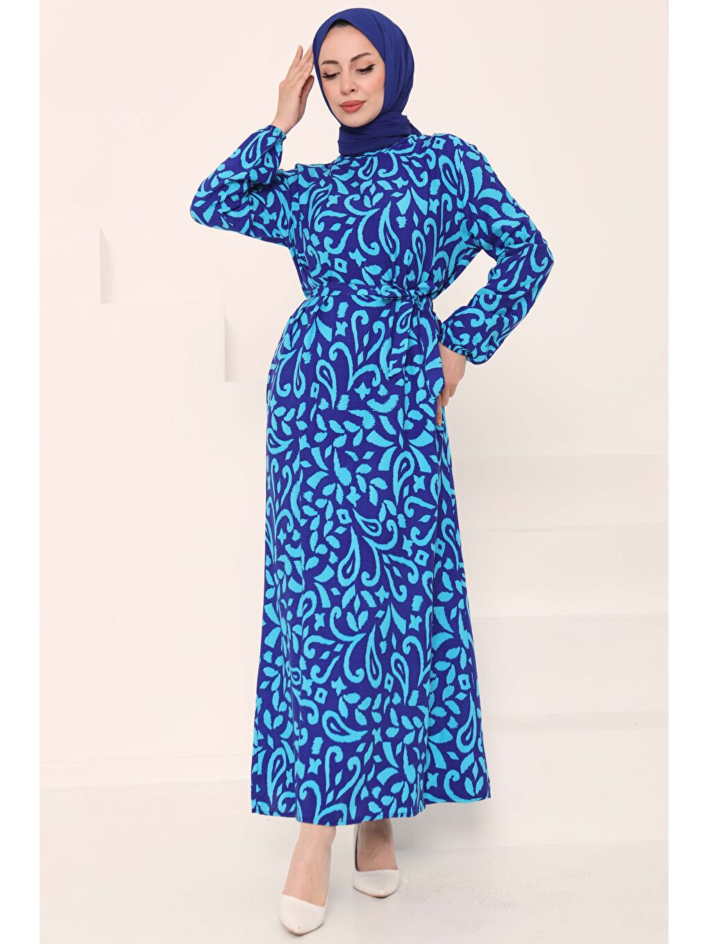 Mavi Kuşaklı Desenli Elbise Saks - 27042-2