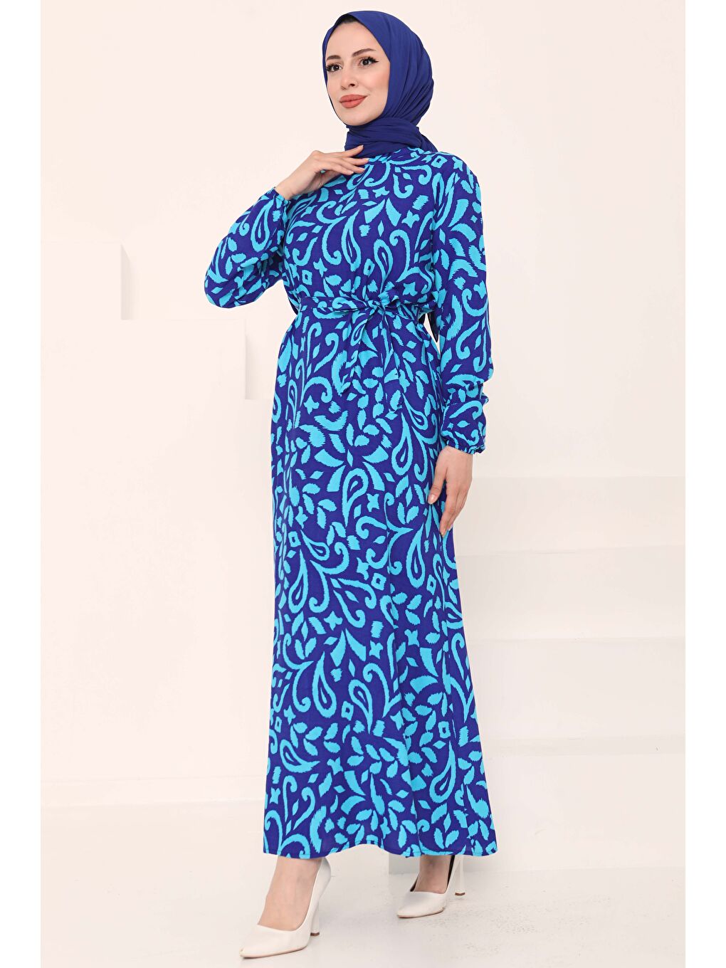Mavi Kuşaklı Desenli Elbise Saks - 27042-3