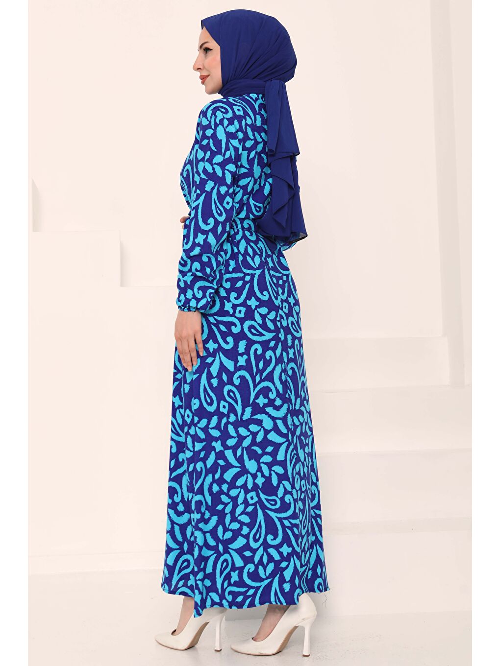 Mavi Kuşaklı Desenli Elbise Saks - 27042-4