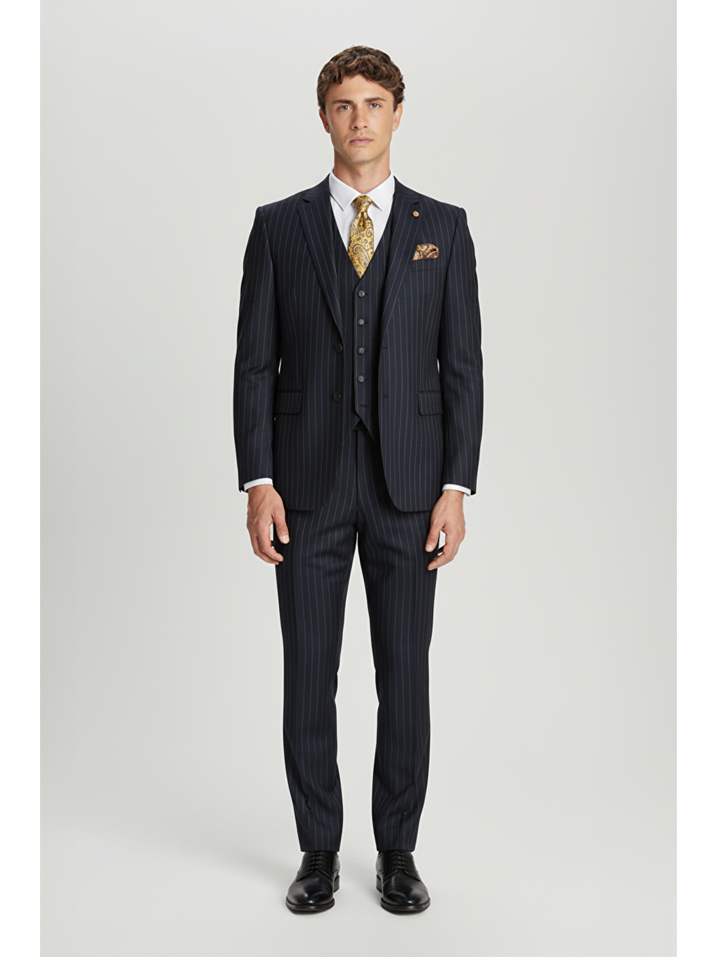 Giotelli Lacivert Slim Fit Çizgili Mono Yaka Yelekli Takım Elbise-1