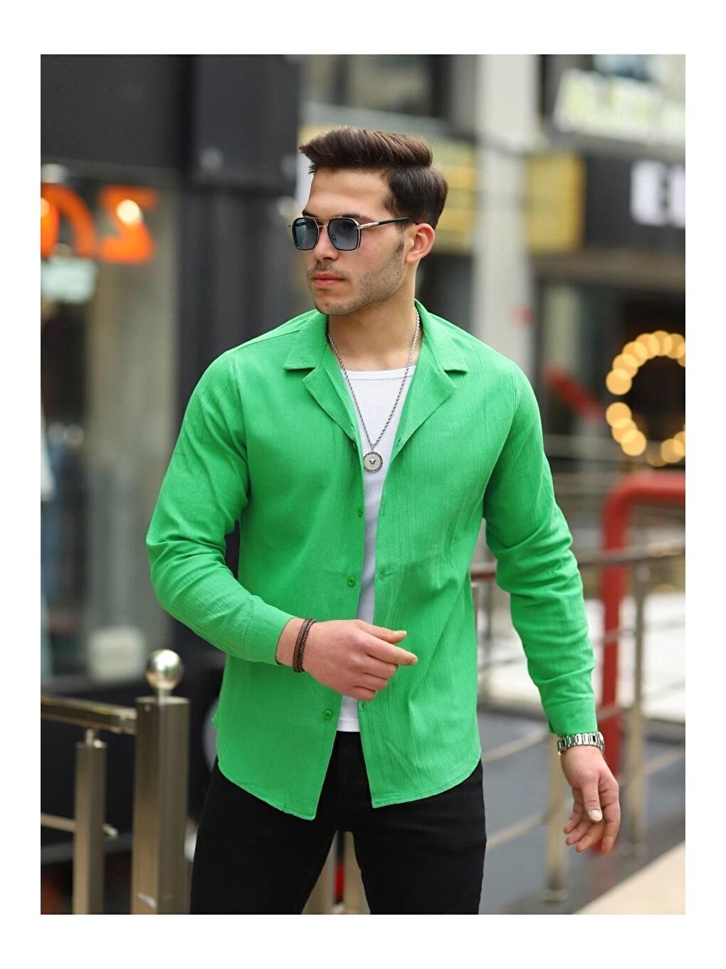 Yeşil Erkek Şal Yaka Keten Gömlek-1