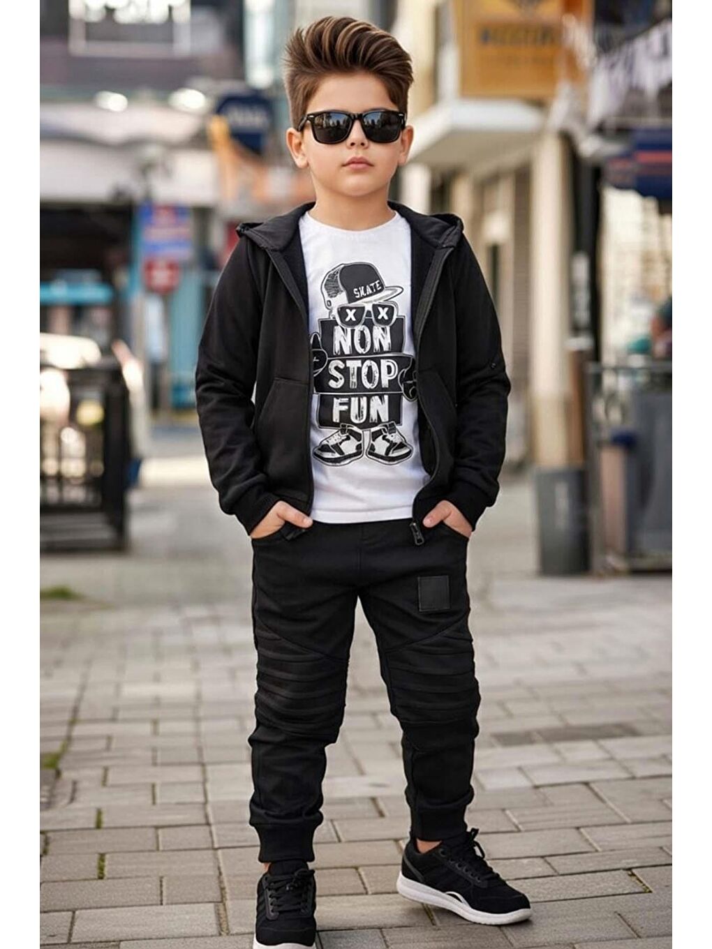 Erkek Çocuk Şapka Ve Non Stop Baskılı Kazak Cımalı Siyah Eşofman Takım