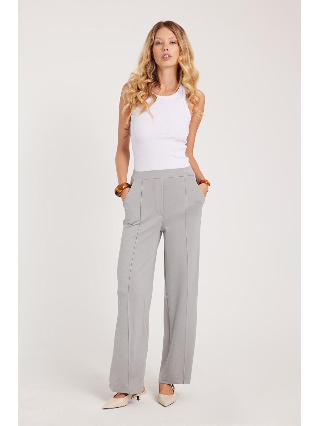 Kadın Relax Fit Rahat Kesim Modal Kumaş Yüksel Bel Geniş Paça Gri Pantolon-3