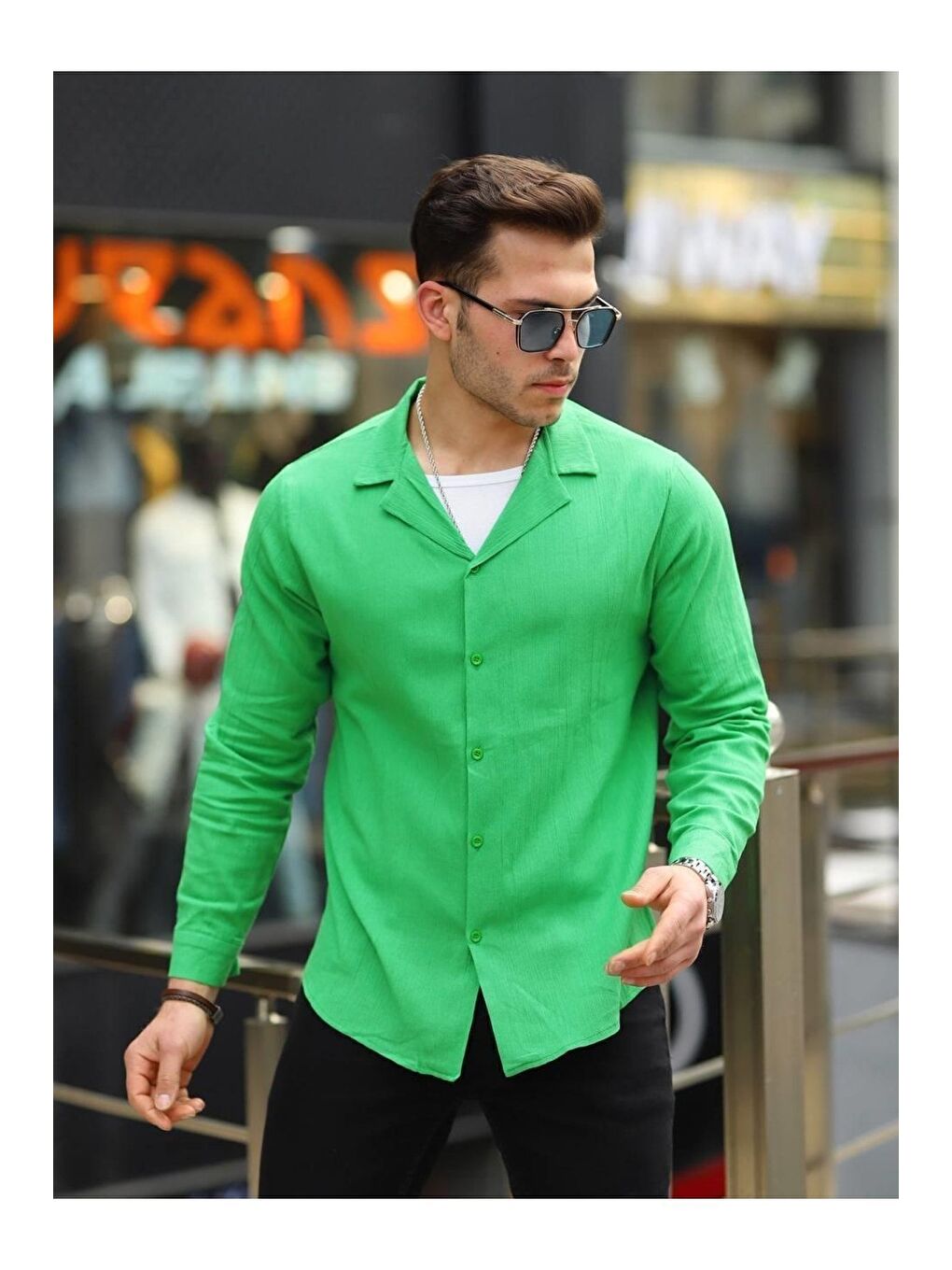 Yeşil Erkek Şal Yaka Keten Gömlek-2