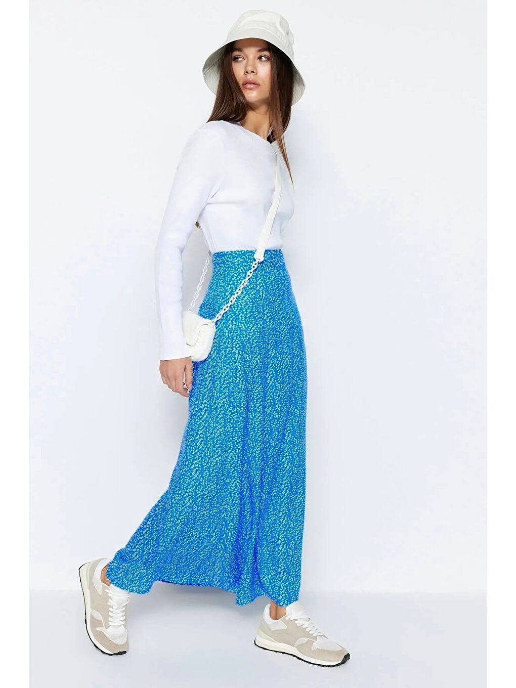 Mavi Çiçek Baskılı Kloş Etek-3