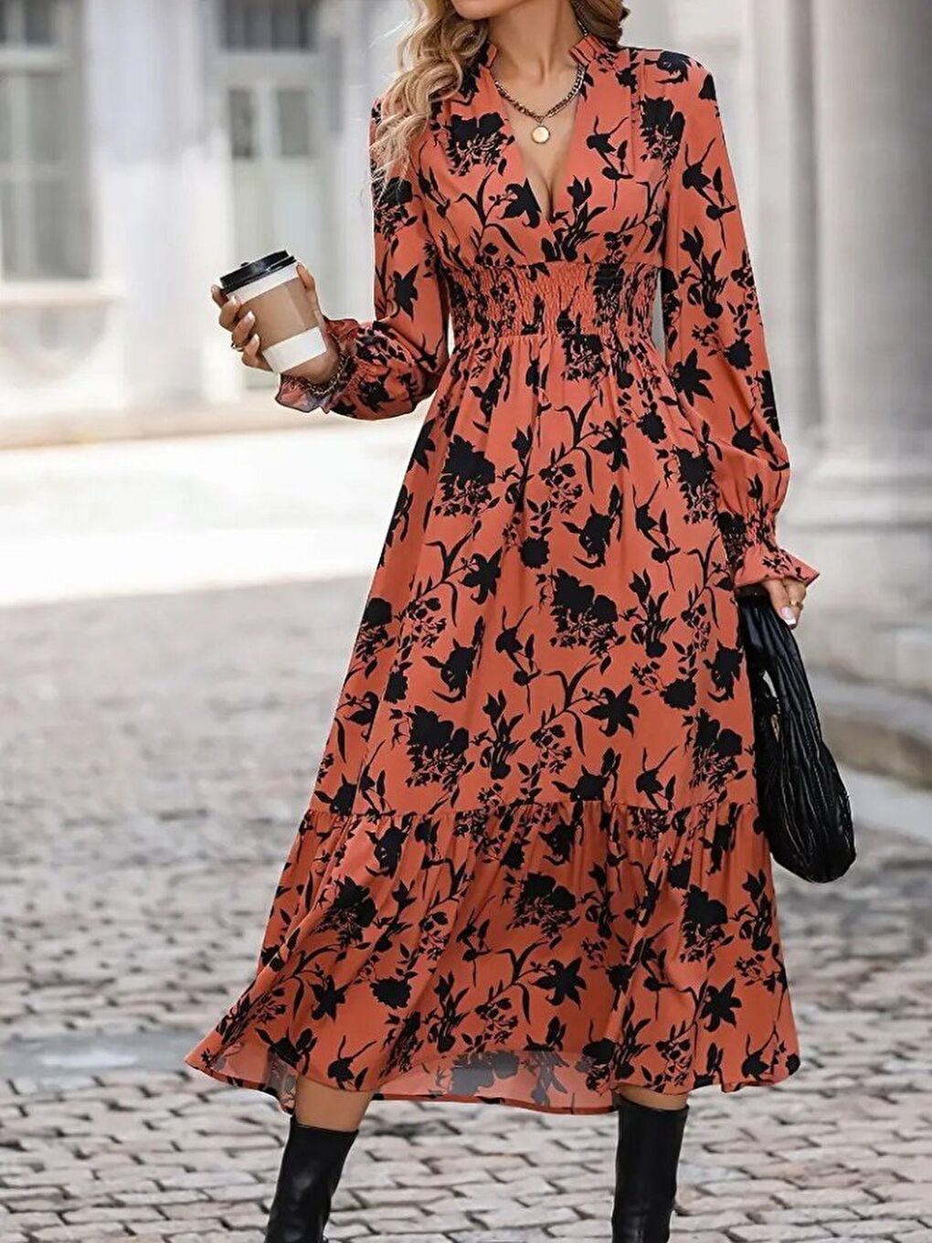 Turuncu Kadın Uzun Kollu Kruvaze Yakalı çiçek Desenli Maksi Süprem Elbise-1