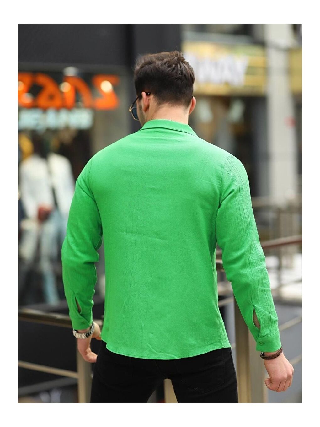 Yeşil Erkek Şal Yaka Keten Gömlek-3