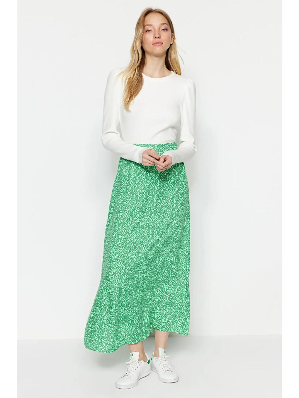 Yeşil Çiçek Baskılı Kloş Etek-2