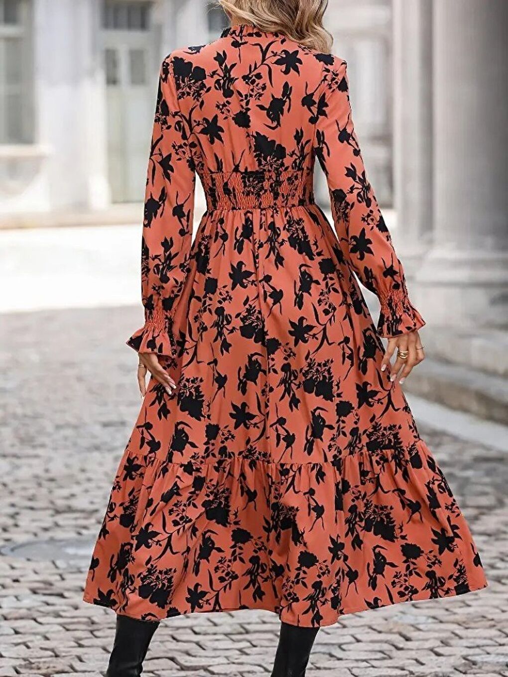 Turuncu Kadın Uzun Kollu Kruvaze Yakalı çiçek Desenli Maksi Süprem Elbise-2