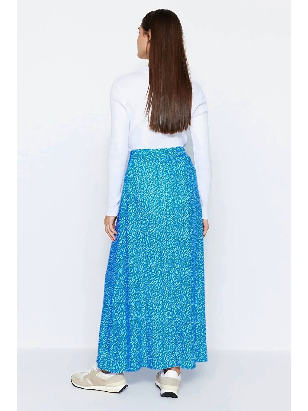 Mavi Çiçek Baskılı Kloş Etek-4