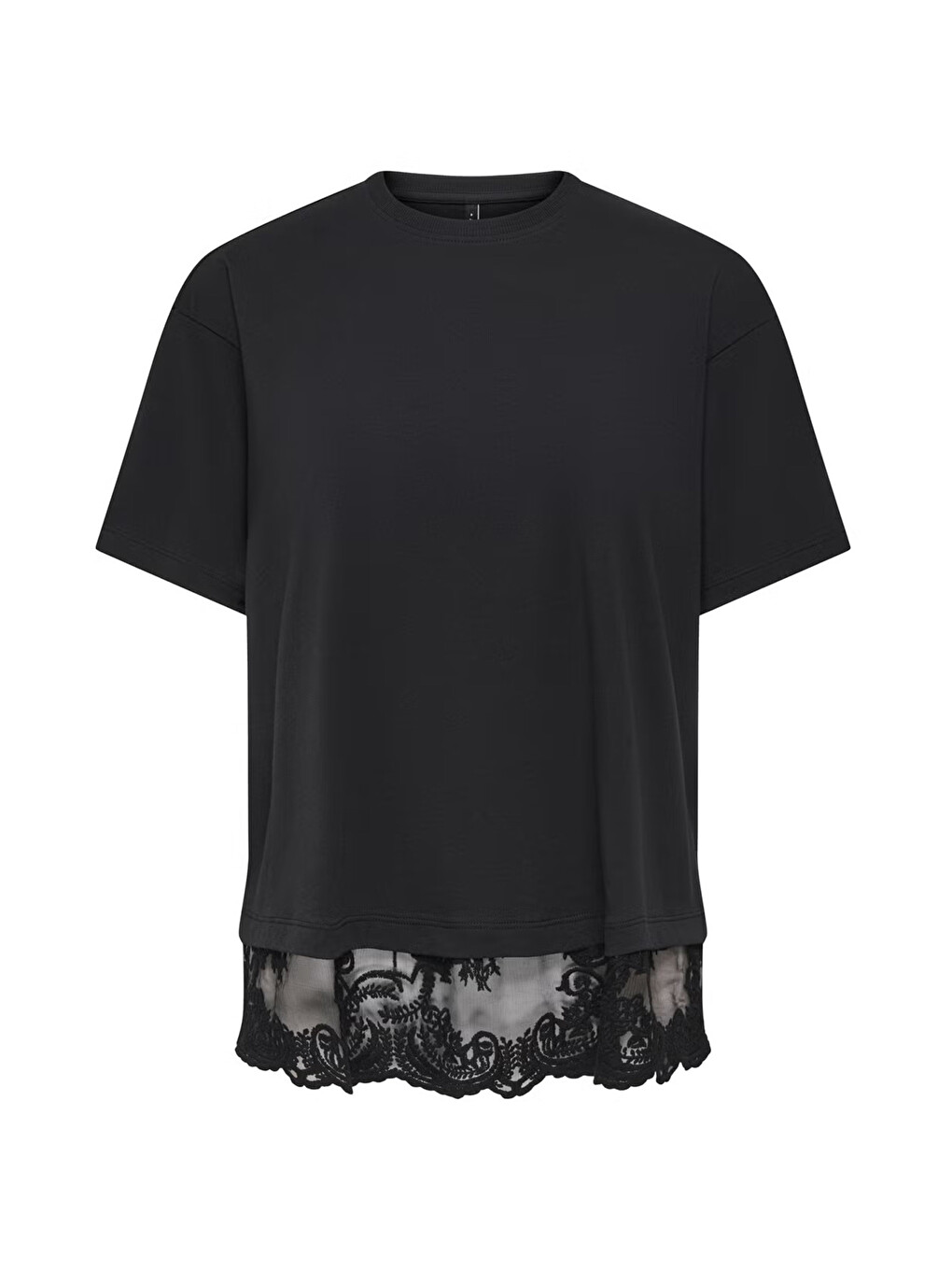 Siyah Onlvivvi Pamuklu Bisiklet Yaka Dantel Detaylı T Shirt 15385031-3