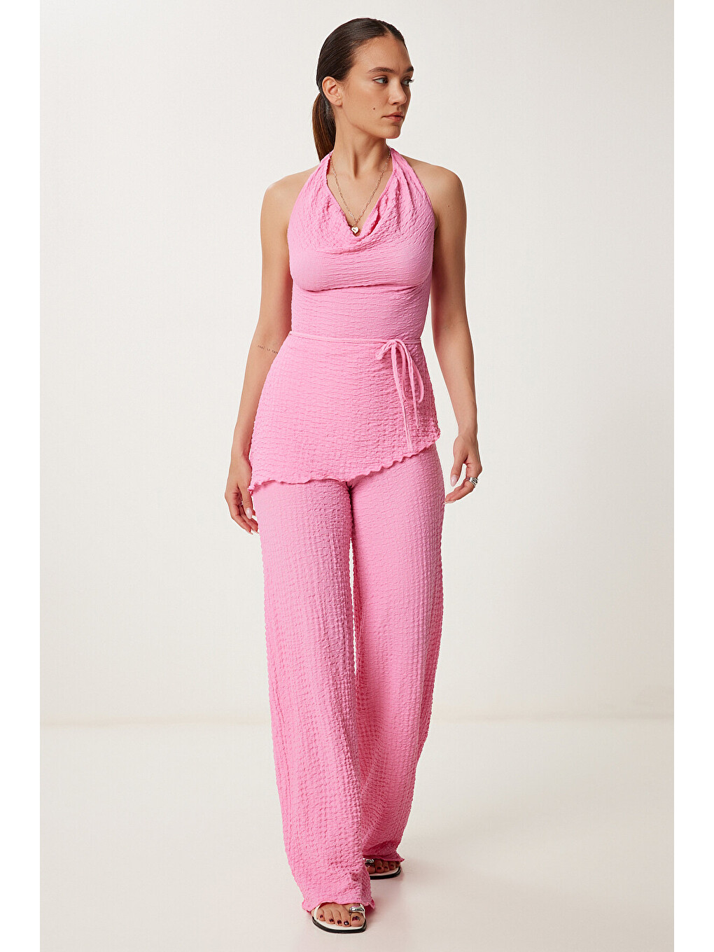 Pembe Boyundan Geçmeli Bluz Pantolon Esnek Örme Takım PEMBE LDP0048
