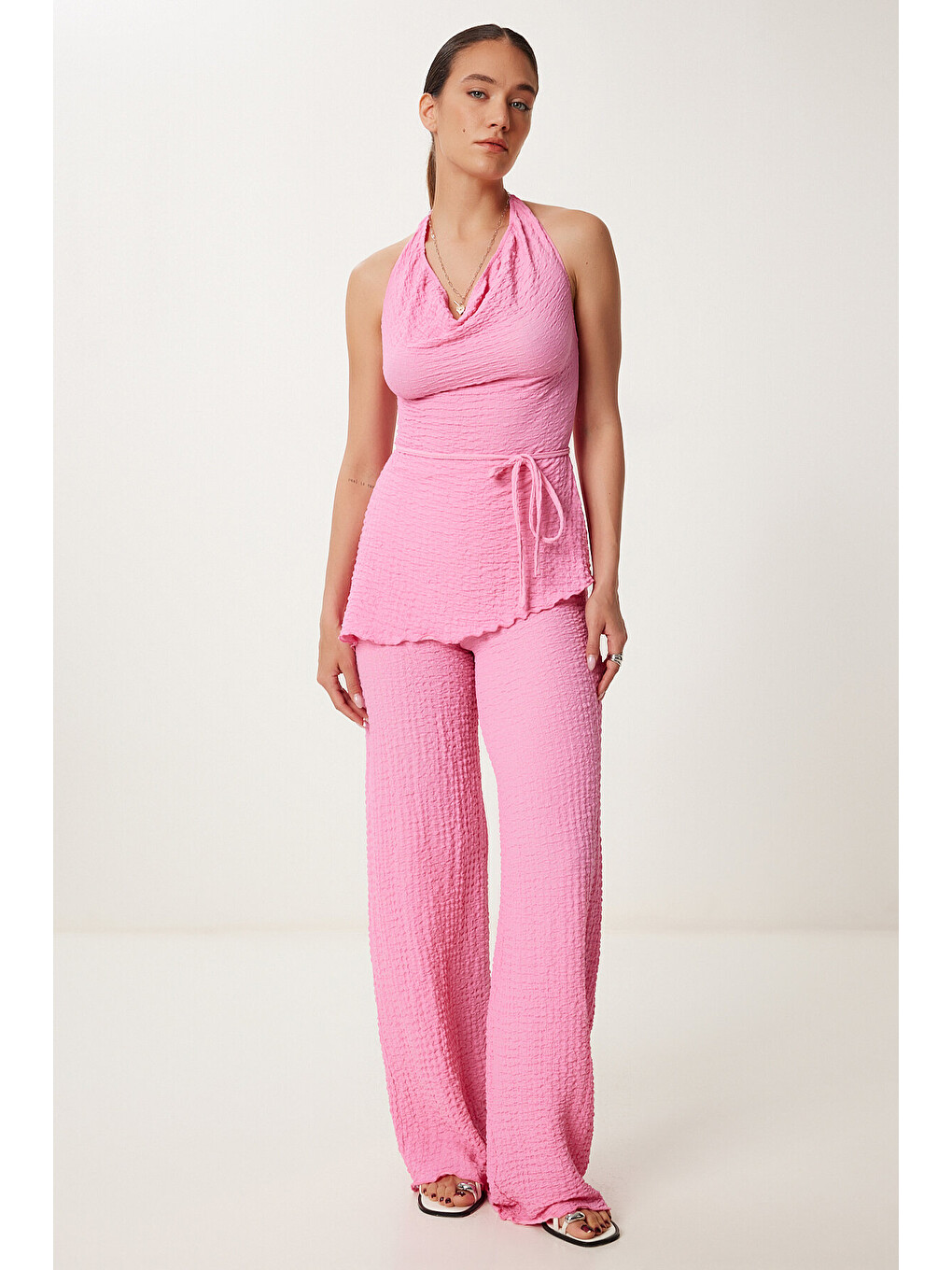 Pembe Boyundan Geçmeli Bluz Pantolon Esnek Örme Takım PEMBE LDP0048-1