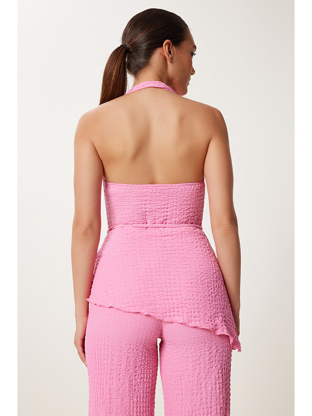 Pembe Boyundan Geçmeli Bluz Pantolon Esnek Örme Takım PEMBE LDP0048-3