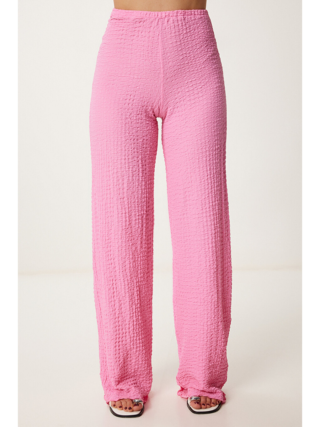 Pembe Boyundan Geçmeli Bluz Pantolon Esnek Örme Takım PEMBE LDP0048-4