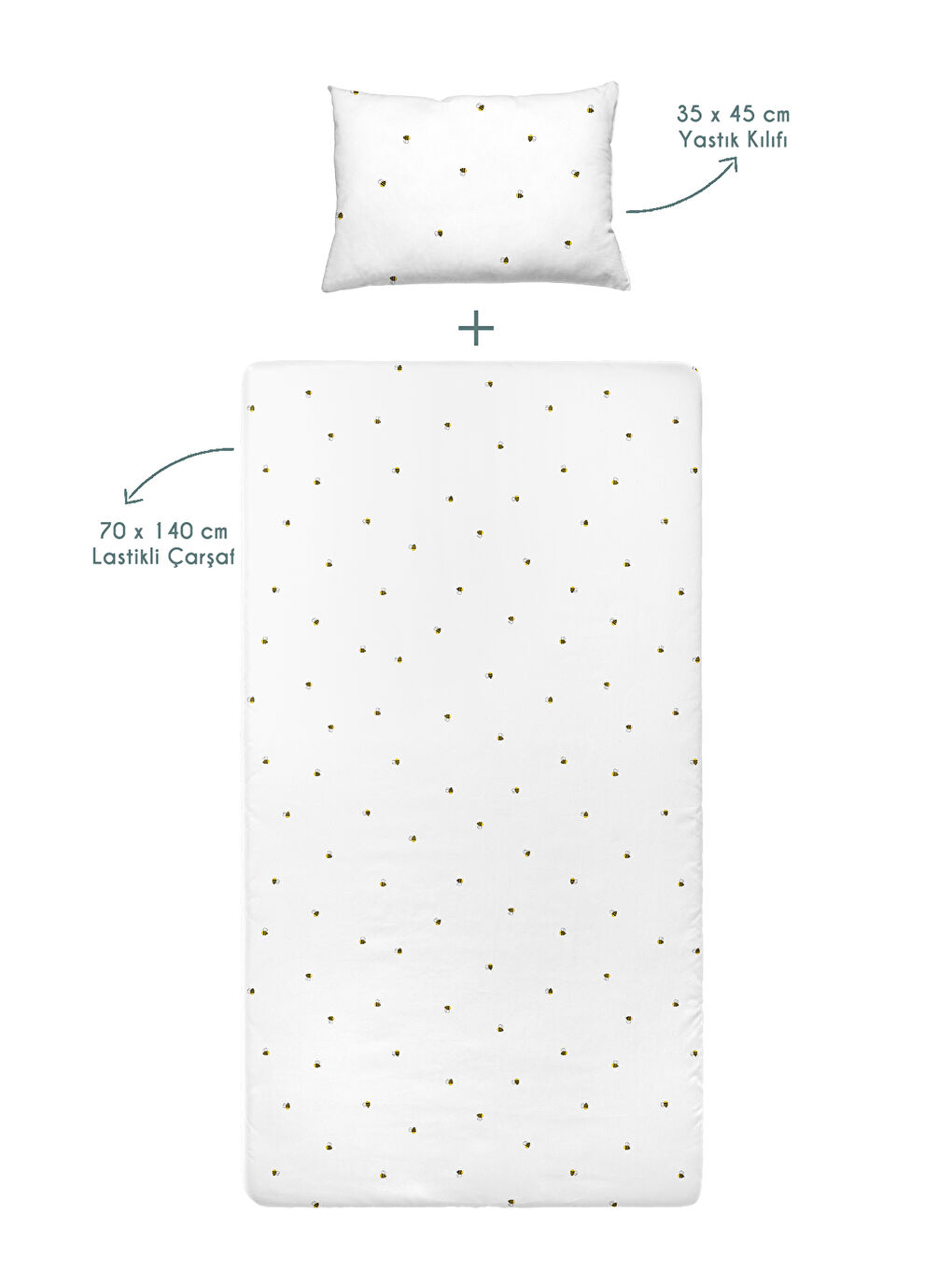Beyaz Happy Bee Allover Saten Lastikli Çarşaf Seti- 70x140x20+35x45cm-2