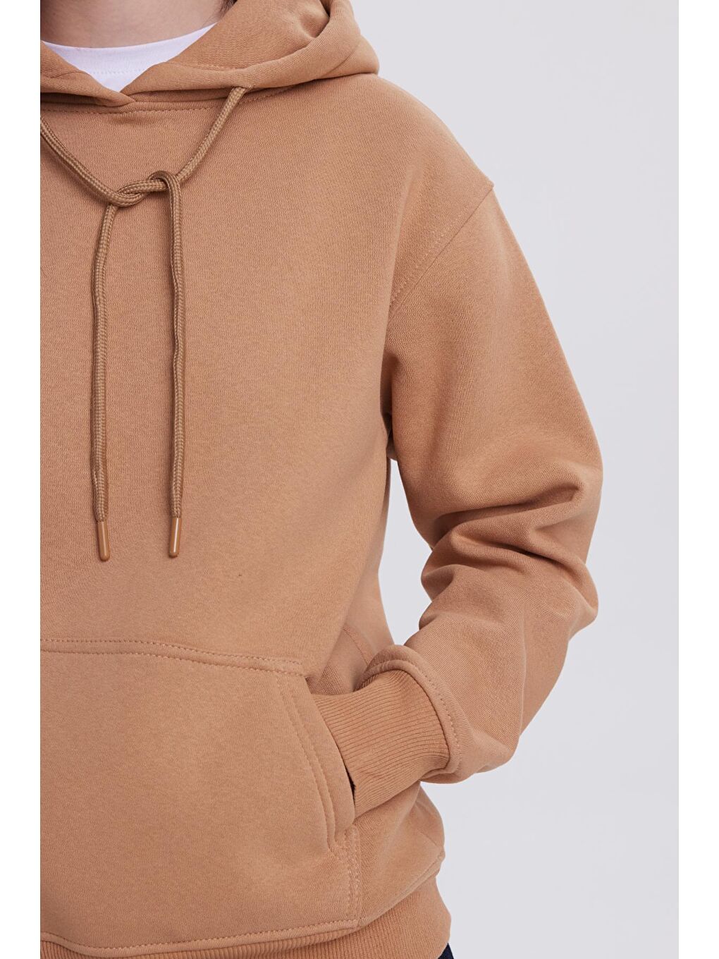 Kahverengi Kadın Relax Fit Rahat Kesim Pamuklu Kapüşonlu Kanguru Cepli Kiremit Sweatshirt-2