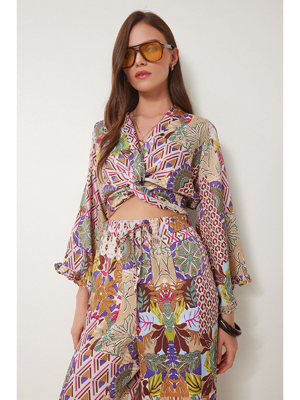 Ekru Desenli Saten Crop Alt Üst Takım KREM PEMBE LDP0041-1