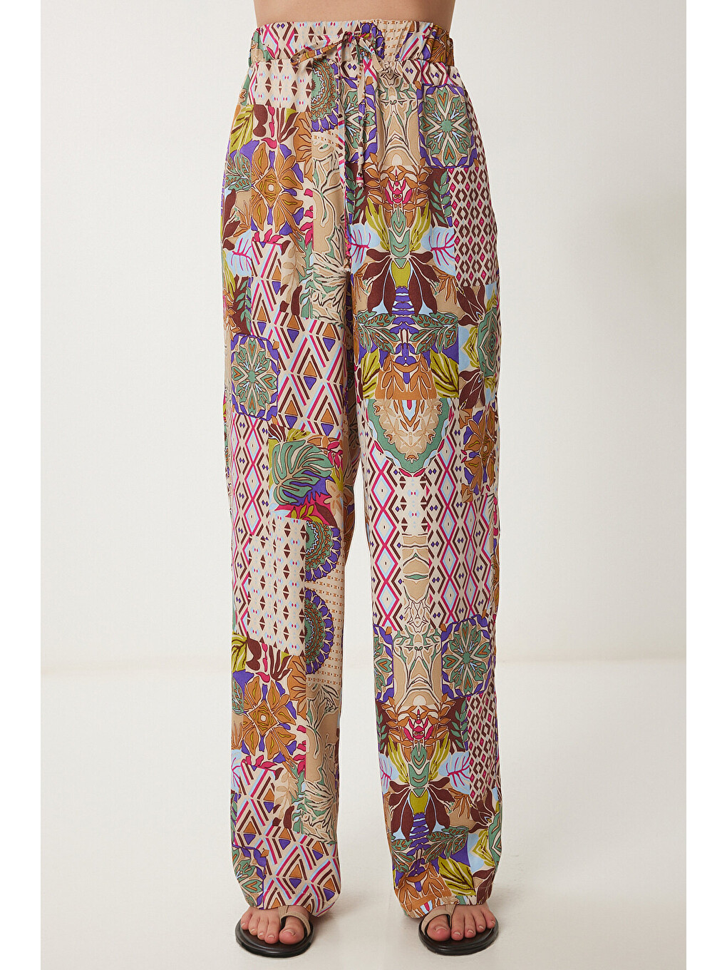 Ekru Desenli Saten Crop Alt Üst Takım KREM PEMBE LDP0041-2