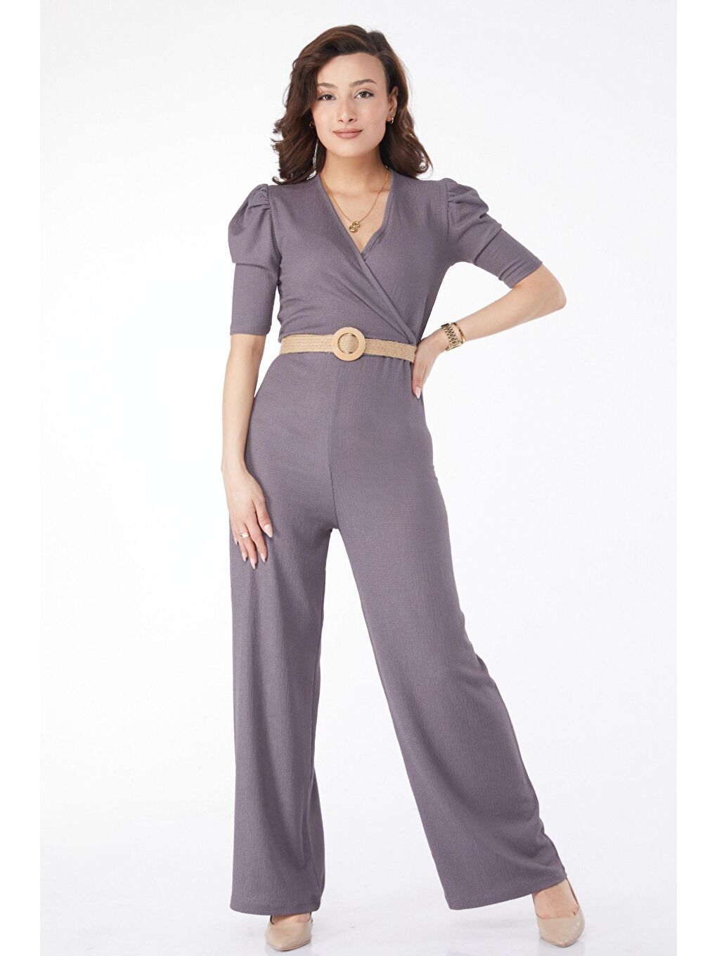 Kruvaze Yaka Kadın Gri Kemerli Tulum - 24659