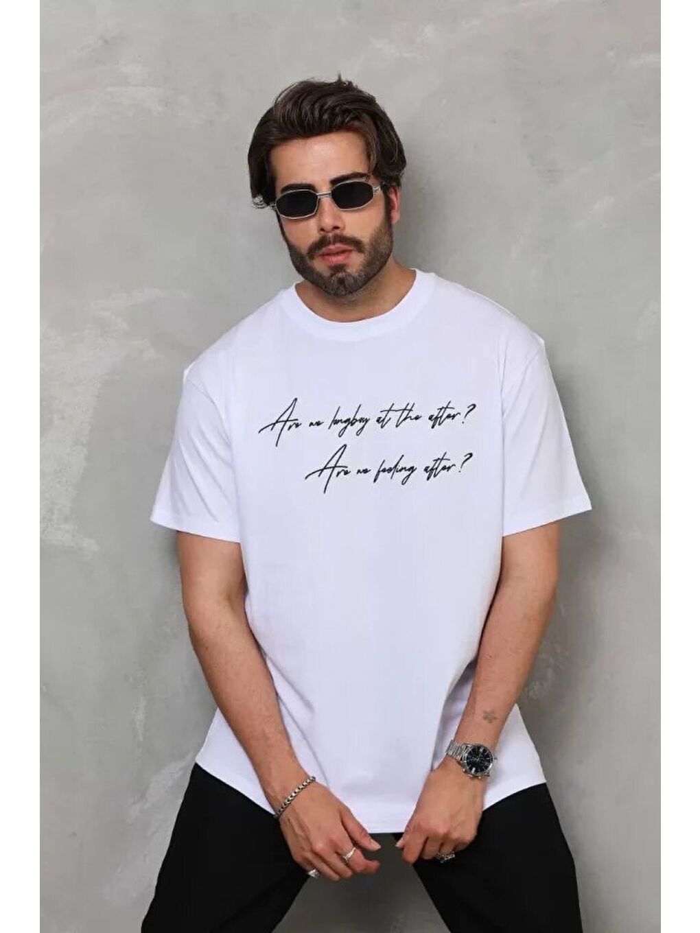 Unisex Bisiklet Yaka Baskılı Oversize T-Shirt - Beyaz-1