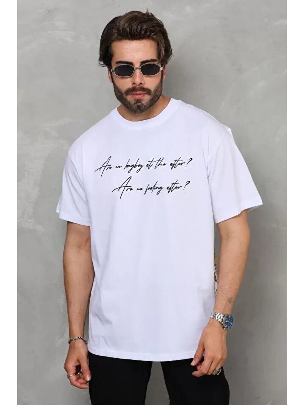 Unisex Bisiklet Yaka Baskılı Oversize T-Shirt - Beyaz-2