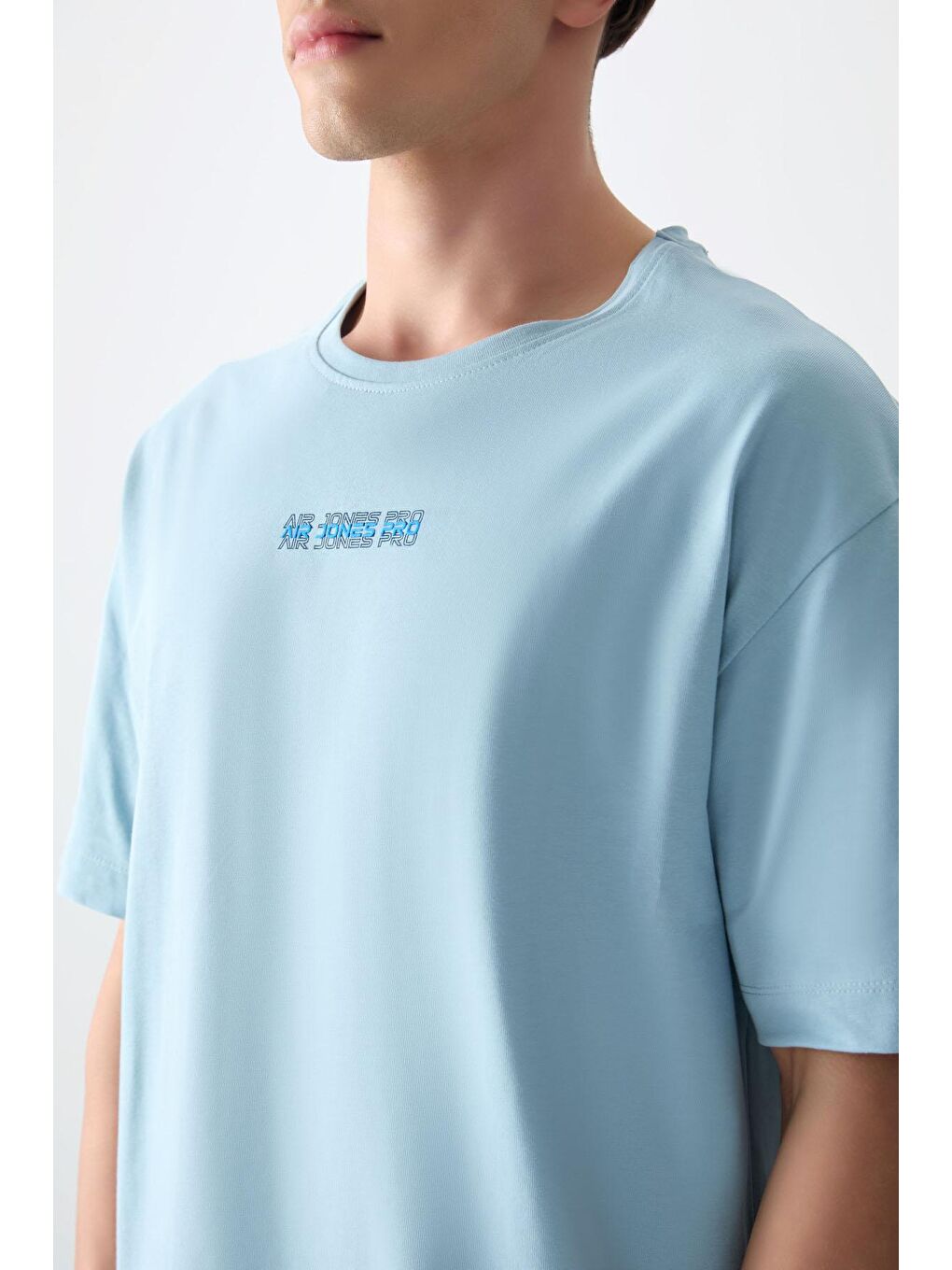 AIR JONES Açık Mavi %100 Pamuk Kalın Yumuşak Dokulu Oversize Fit Baskılı Erkek T-Shirt - 88354 - 4