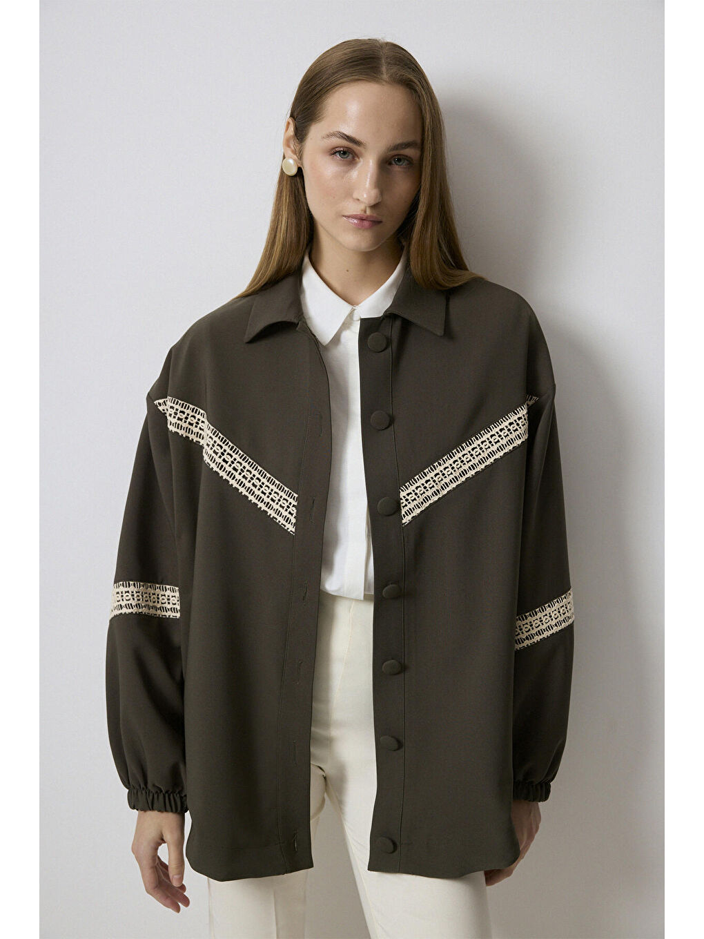 Haki Dantel Şeritli Bomber Ceket-1