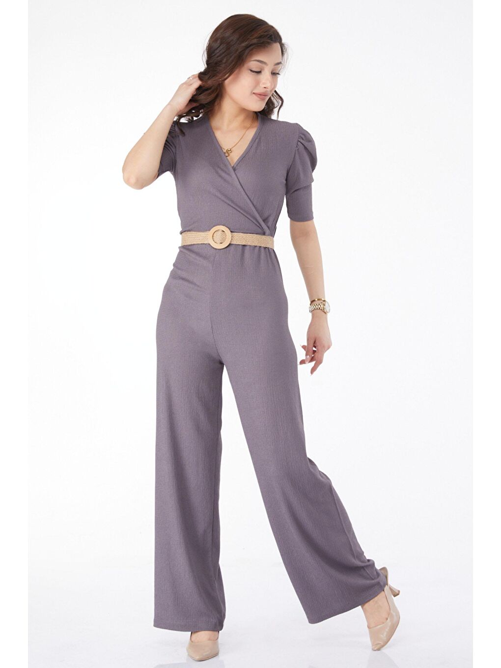 Kruvaze Yaka Kadın Gri Kemerli Tulum - 24659-1