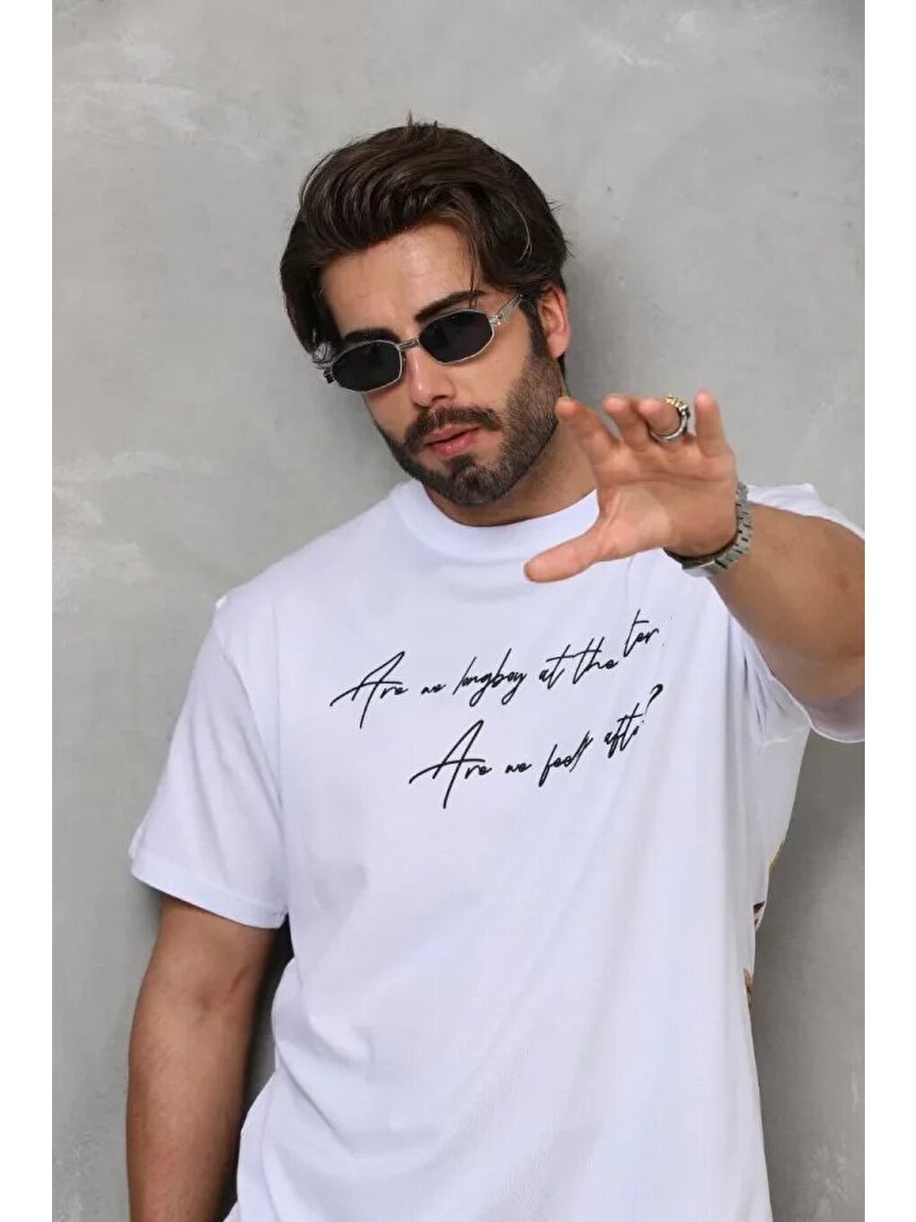 Unisex Bisiklet Yaka Baskılı Oversize T-Shirt - Beyaz-3