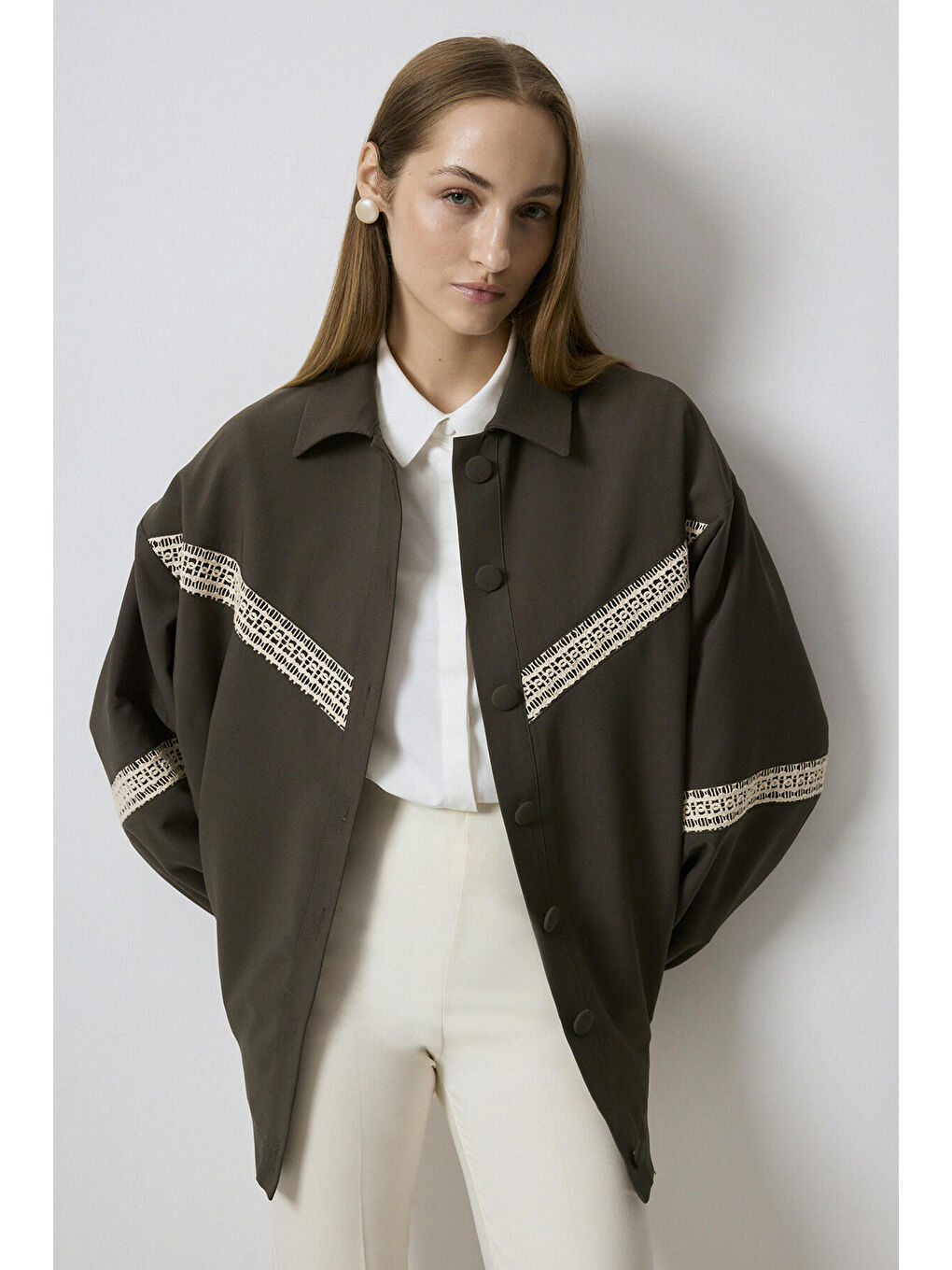 Haki Dantel Şeritli Bomber Ceket-2