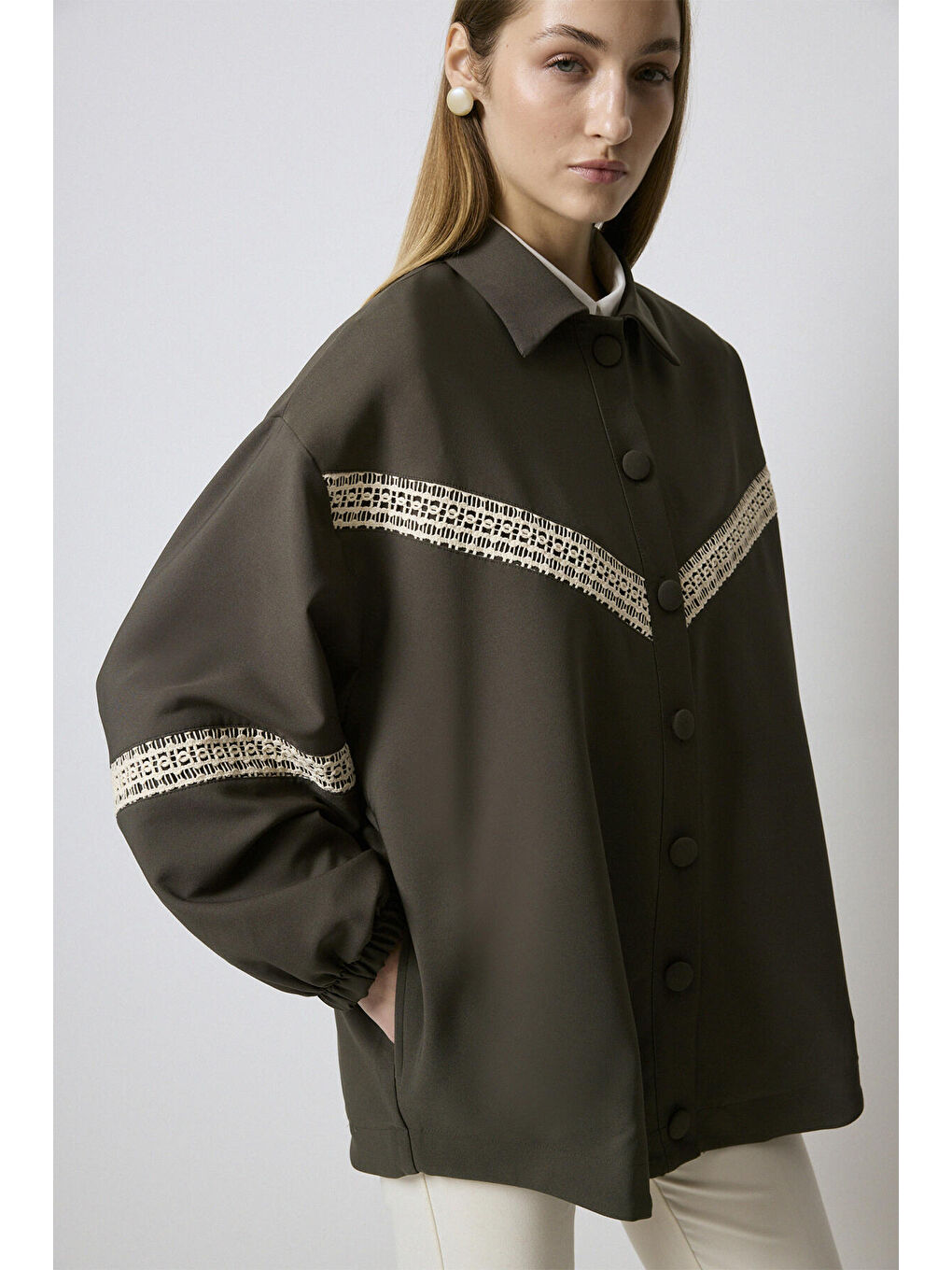 Haki Dantel Şeritli Bomber Ceket-3