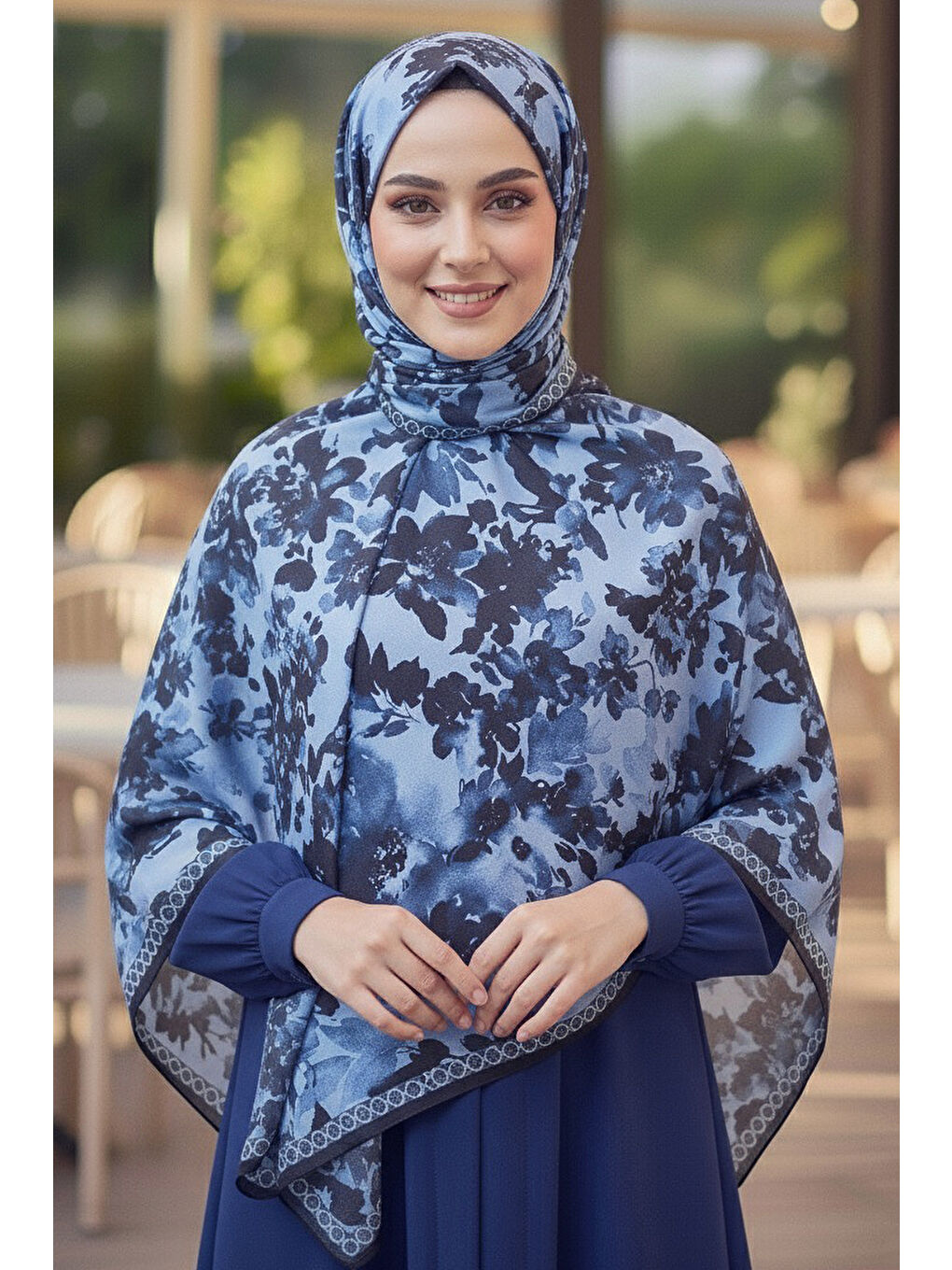 Midnight Bloom Serisi Pamuk Şal Lacivert - 27986-LACIVERT-1