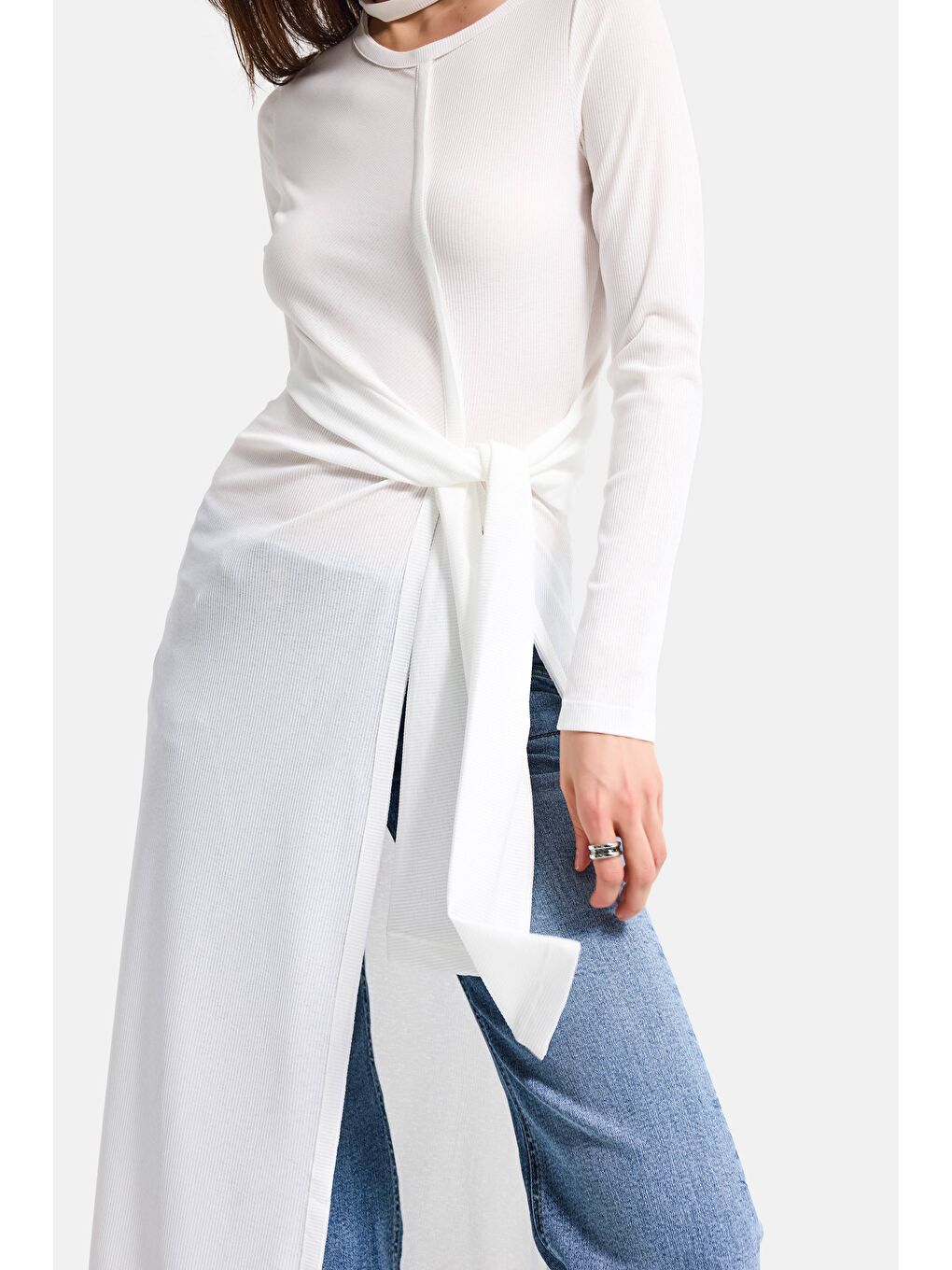 Kadın Beyaz w5 Maxi Boy %100 Organik Kumaş Tasarım Belden Bağlamalı Tunik-1