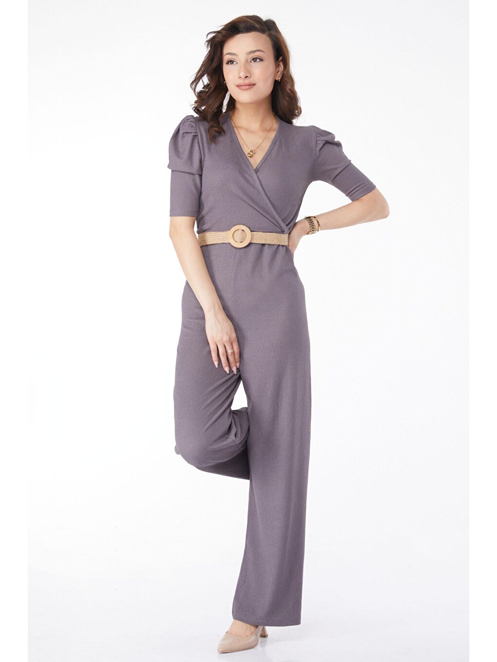 Kruvaze Yaka Kadın Gri Kemerli Tulum - 24659-2