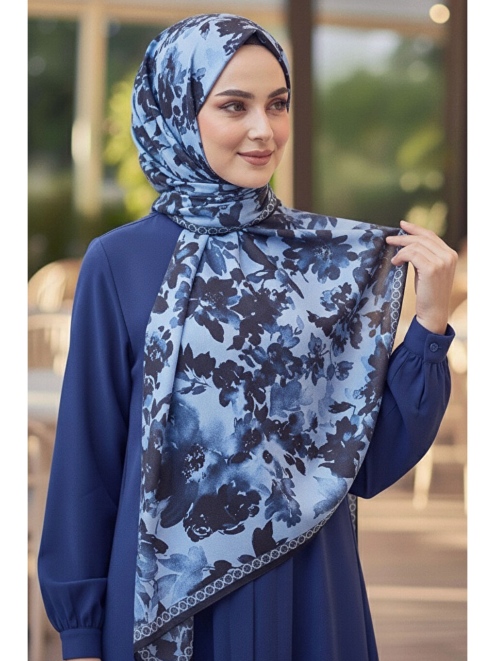 Midnight Bloom Serisi Pamuk Şal Lacivert - 27986-LACIVERT-2