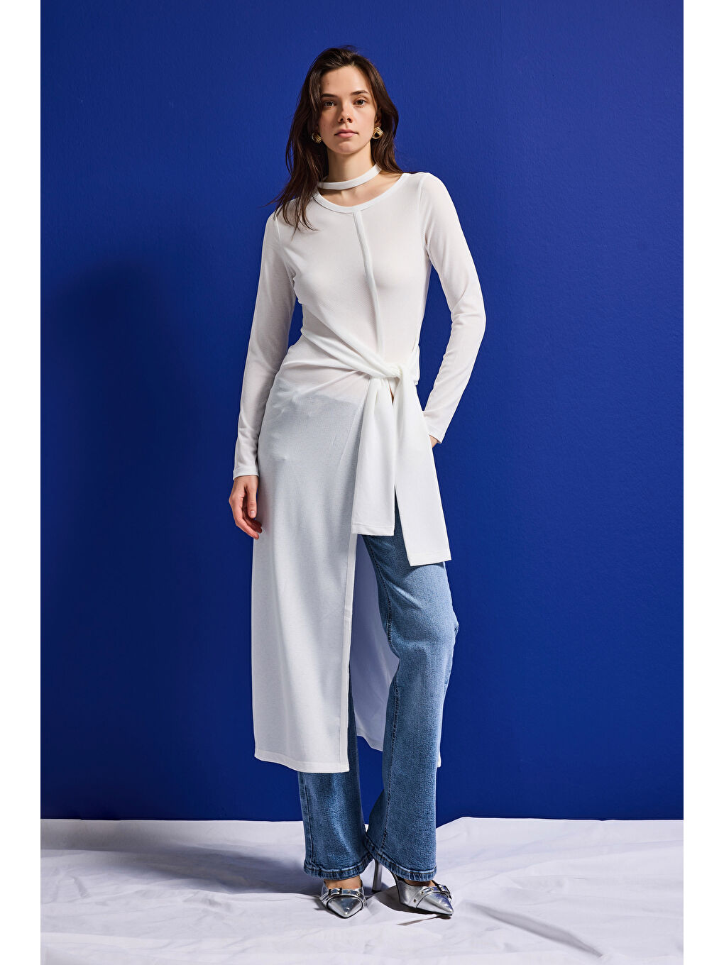 Kadın Beyaz w5 Maxi Boy %100 Organik Kumaş Tasarım Belden Bağlamalı Tunik-2