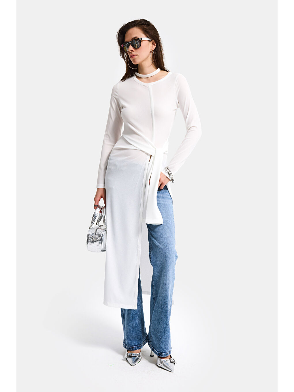 Kadın Beyaz w5 Maxi Boy %100 Organik Kumaş Tasarım Belden Bağlamalı Tunik-3