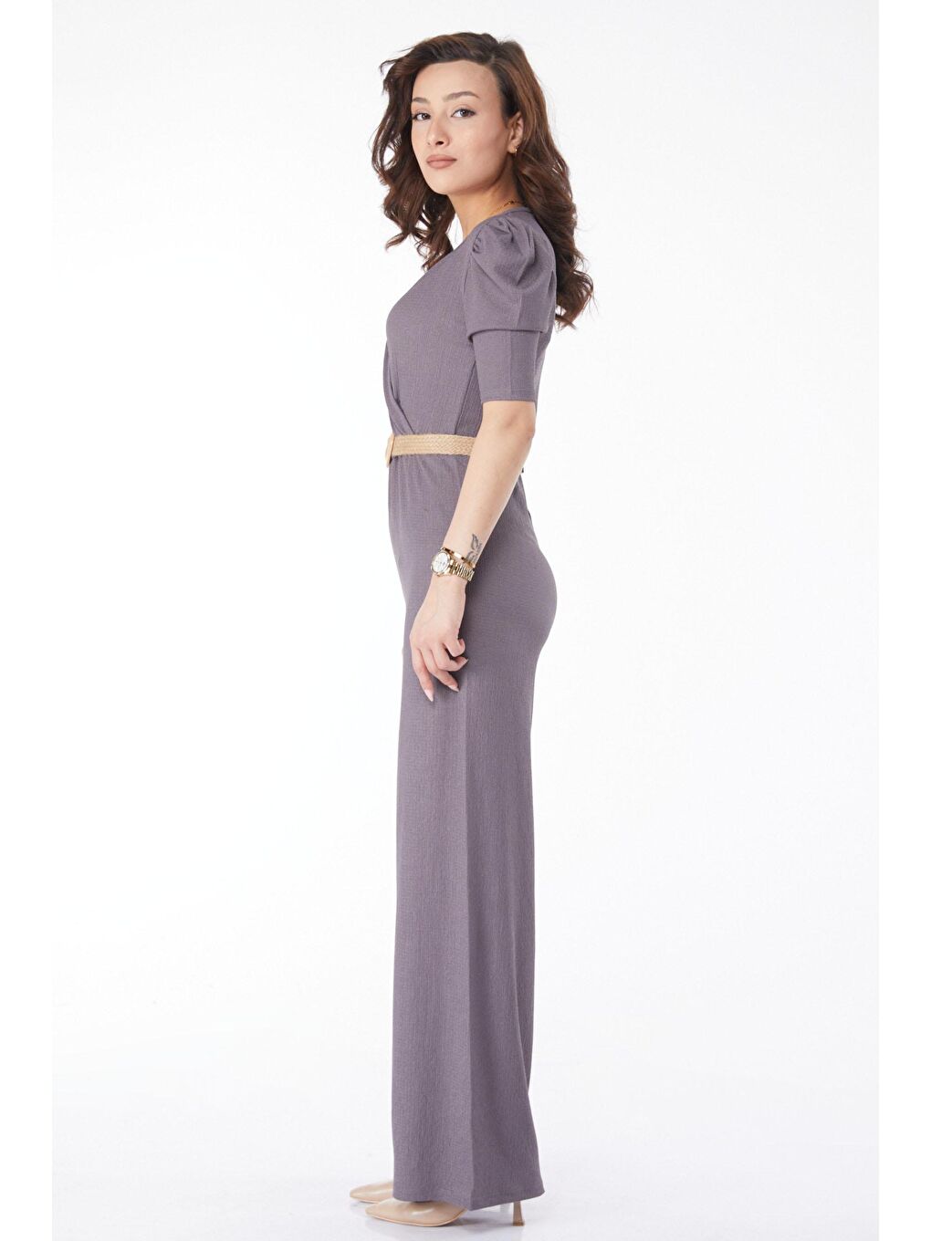 Kruvaze Yaka Kadın Gri Kemerli Tulum - 24659-4