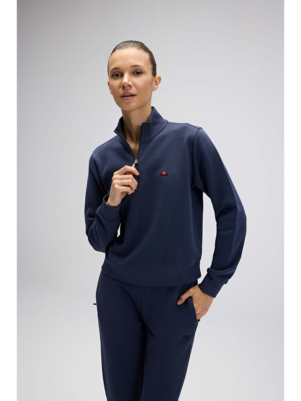 Lacivert Pamuklu Regular Fit Yarım Fermuarlı Dik Yaka Kadın Sweat EF557-NV-2