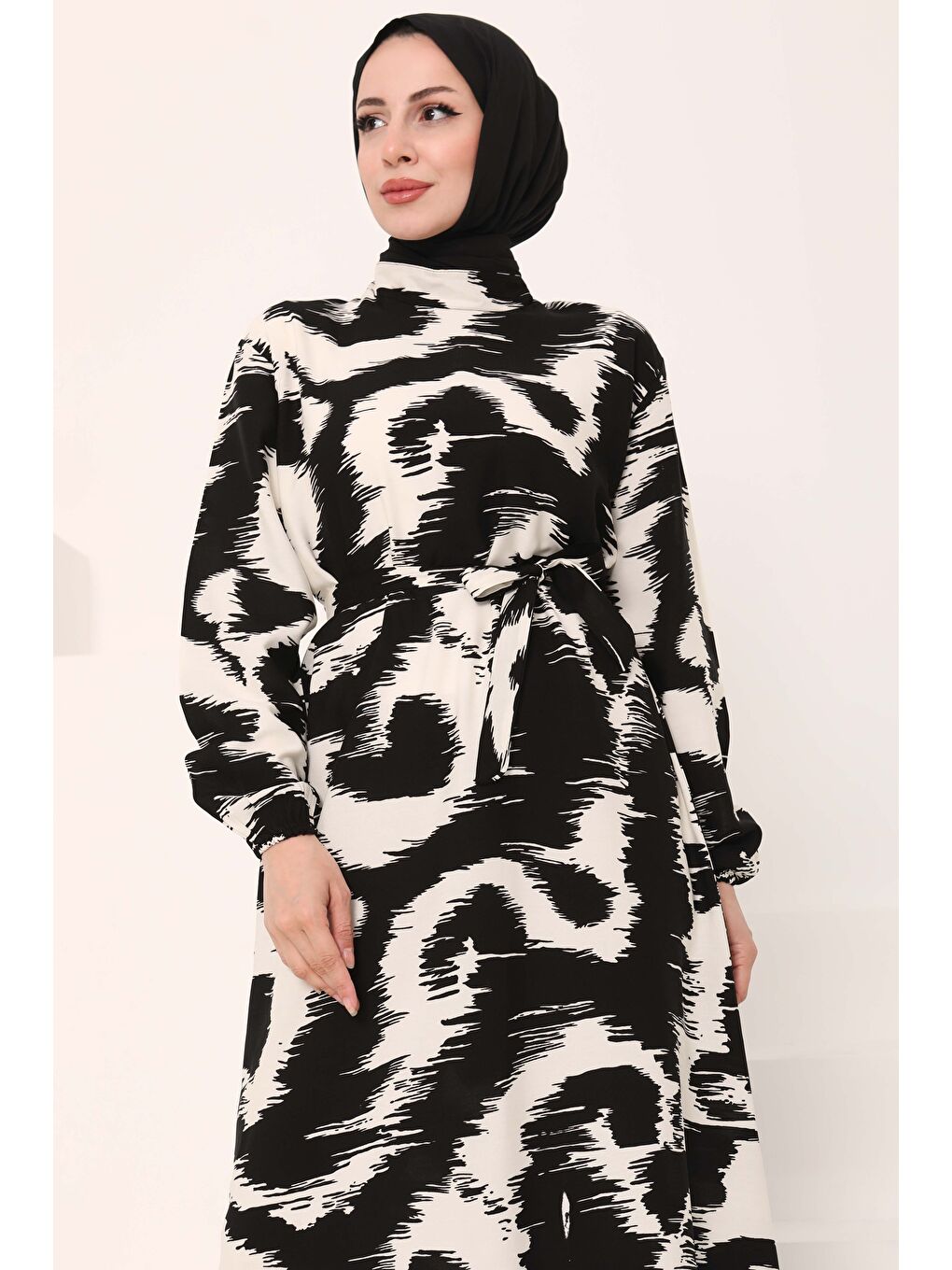 Desenli Kuşaklı Elbise Beyaz - 27039