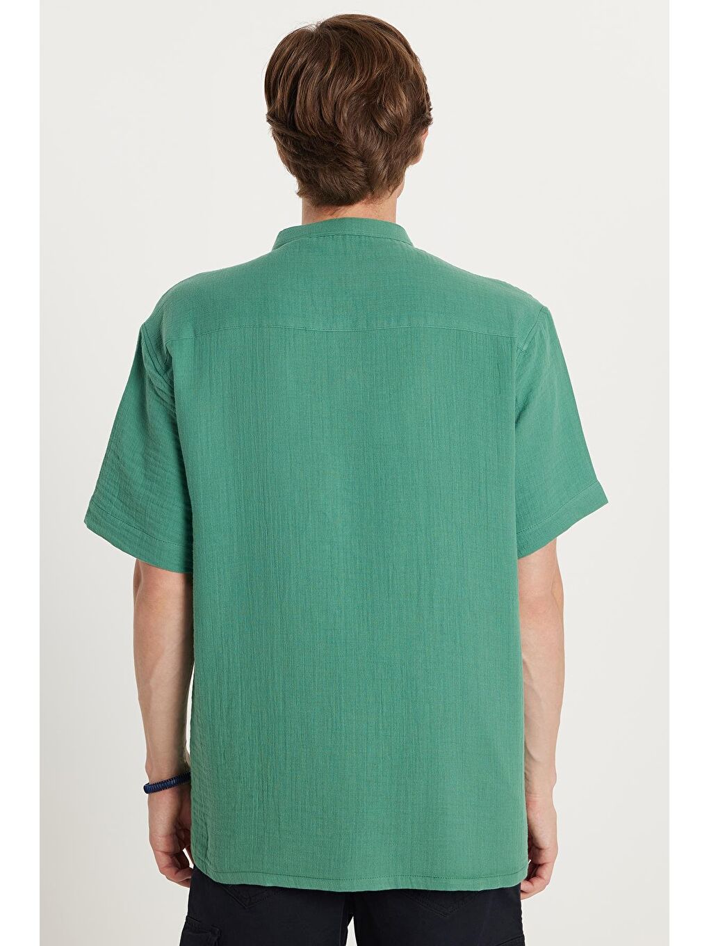 Erkek Relax Fit Rahat Kesim %100 Pamuk Müslin Kumaş Kısa Kollu Spor Hakim Yaka Yeşil Gömlek-4