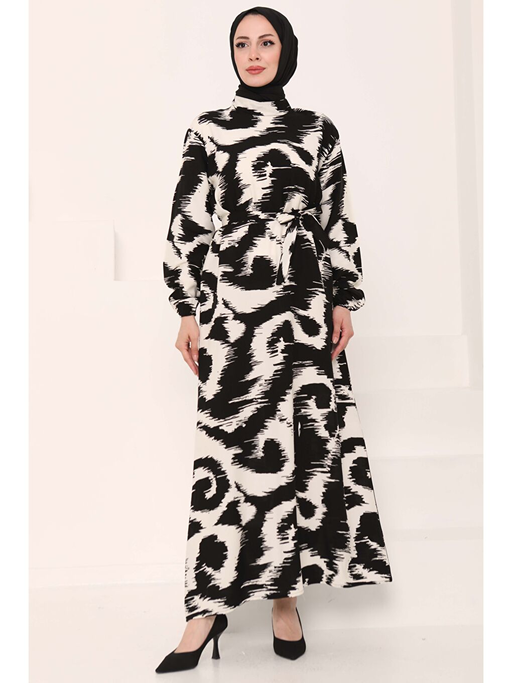 Desenli Kuşaklı Elbise Beyaz - 27039-1