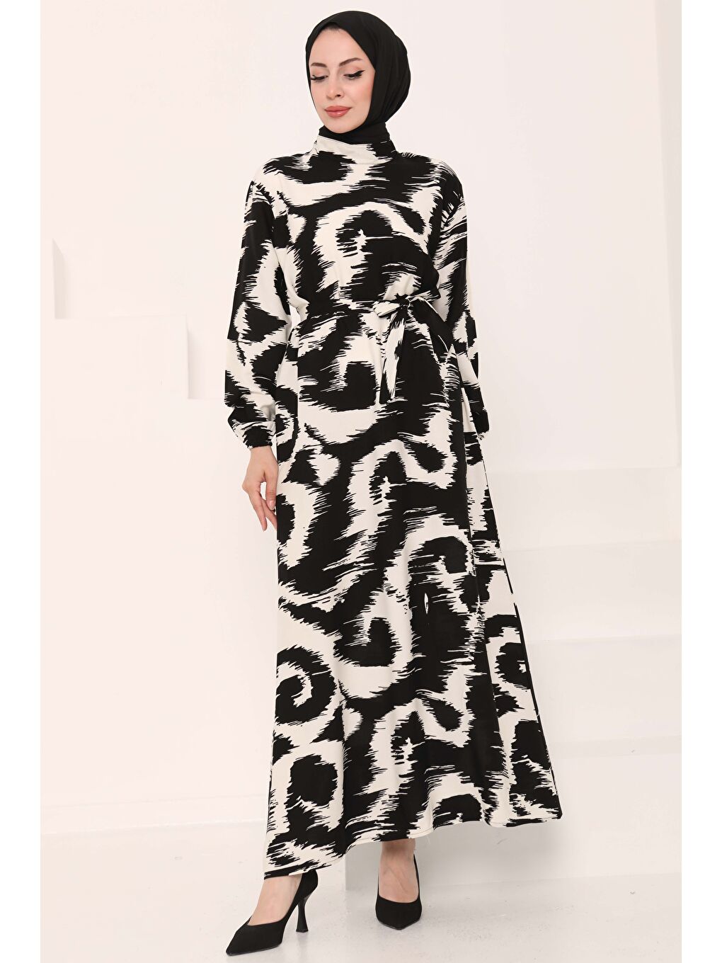 Desenli Kuşaklı Elbise Beyaz - 27039-2