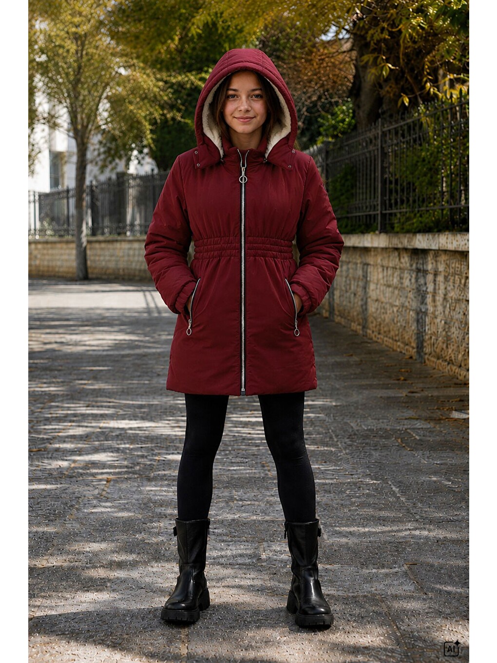 Bordo Kız Çocuk Beli Büzgülü İçi Pelüş Kürklü Çıkarılabilir Kapüşonlu Şişme Mont 24893