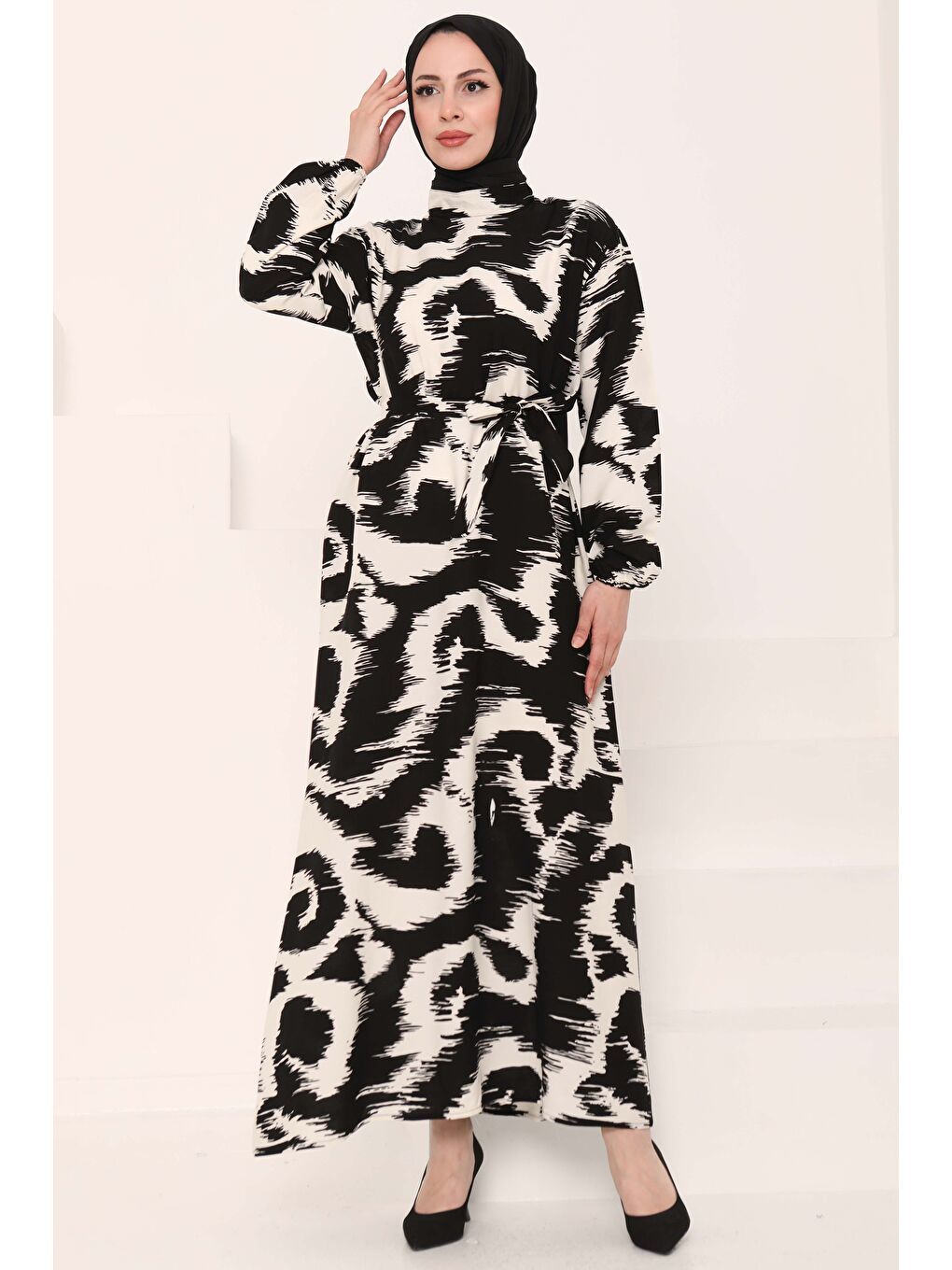 Desenli Kuşaklı Elbise Beyaz - 27039-4