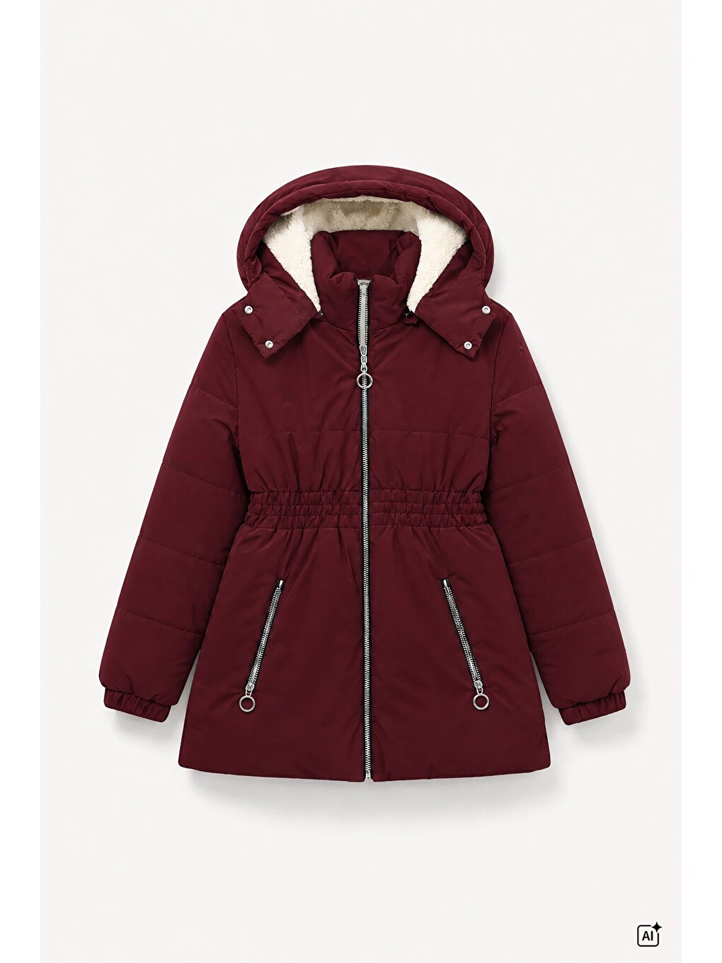 Bordo Kız Çocuk Beli Büzgülü İçi Pelüş Kürklü Çıkarılabilir Kapüşonlu Şişme Mont 24893-3