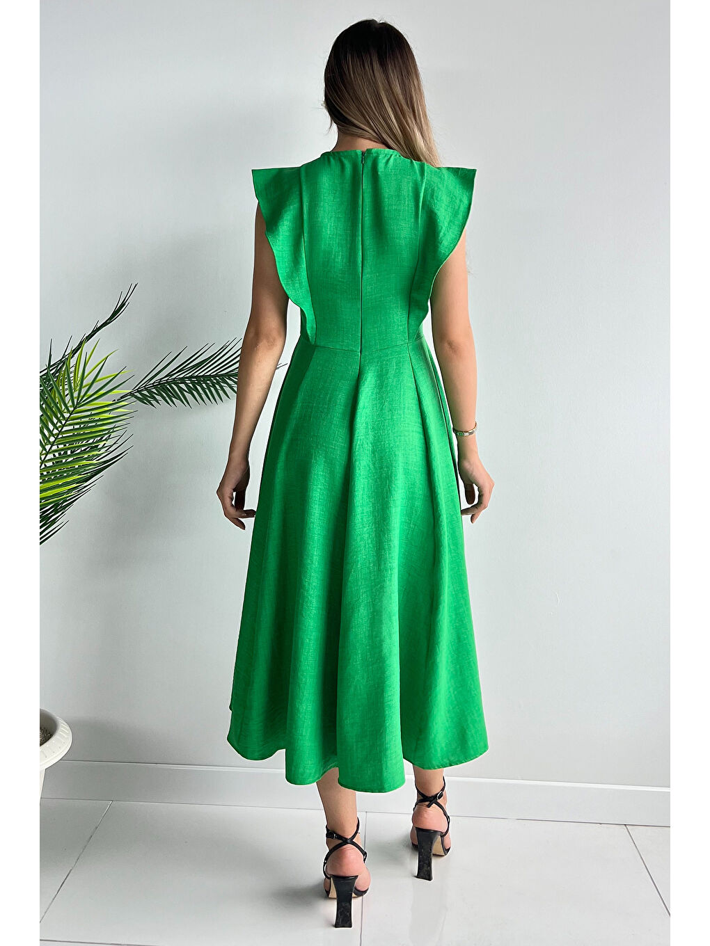 Yeşil Gül Detaylı Kadın Elbise-3