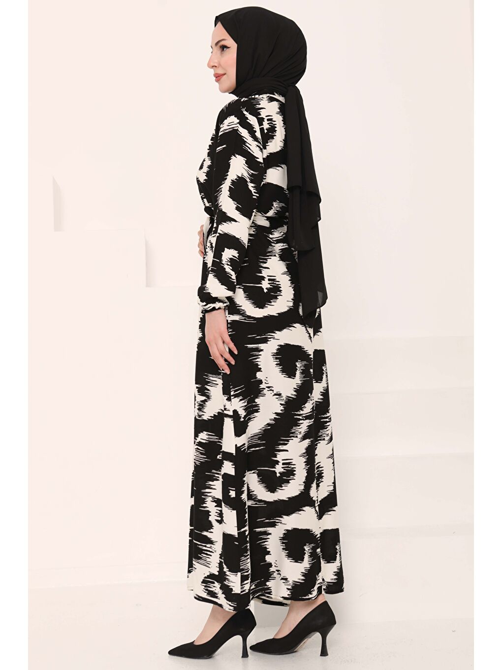 Desenli Kuşaklı Elbise Beyaz - 27039-6